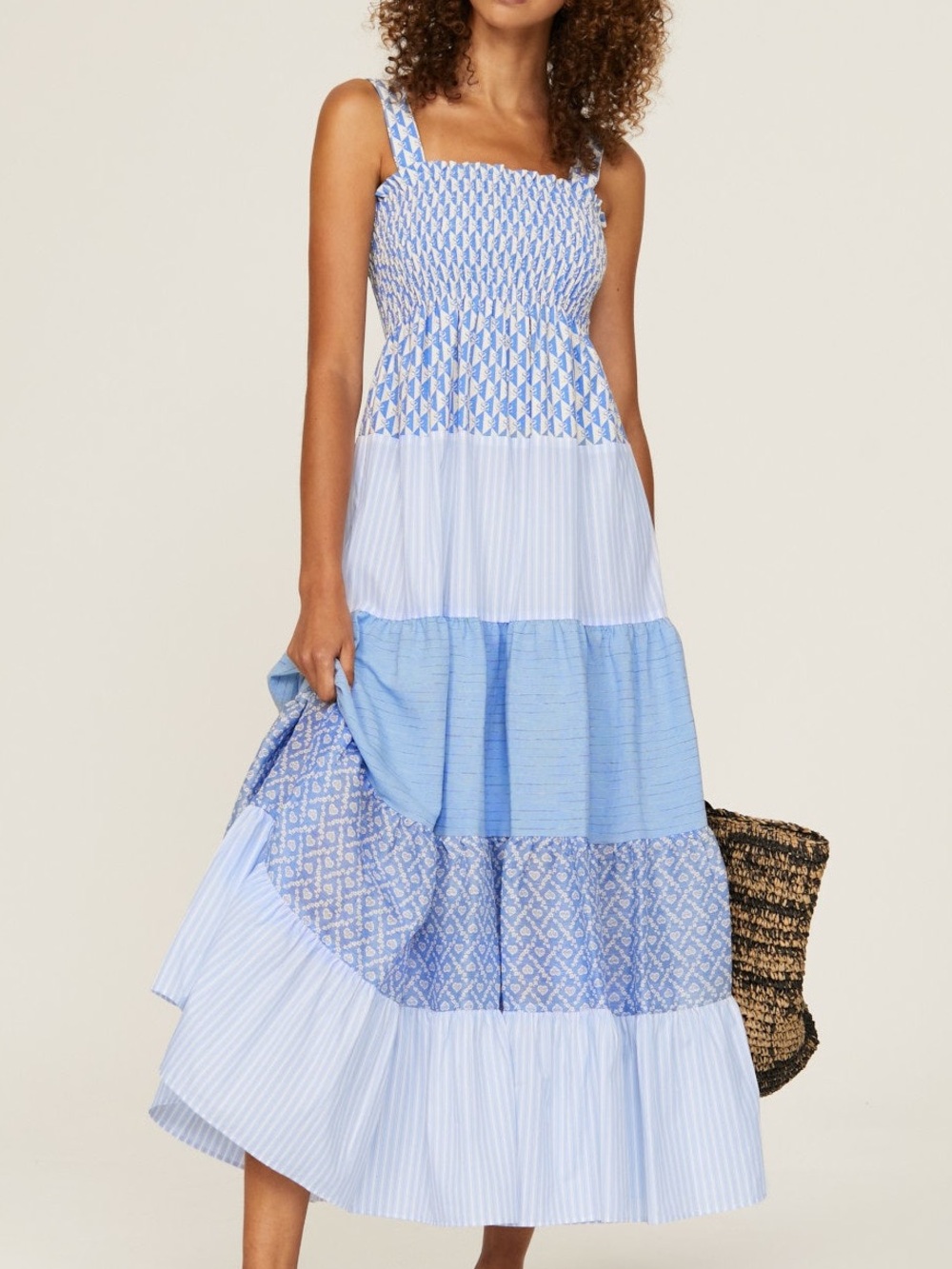 Sandro Tropea Dress Blue and White Tiered Maxi